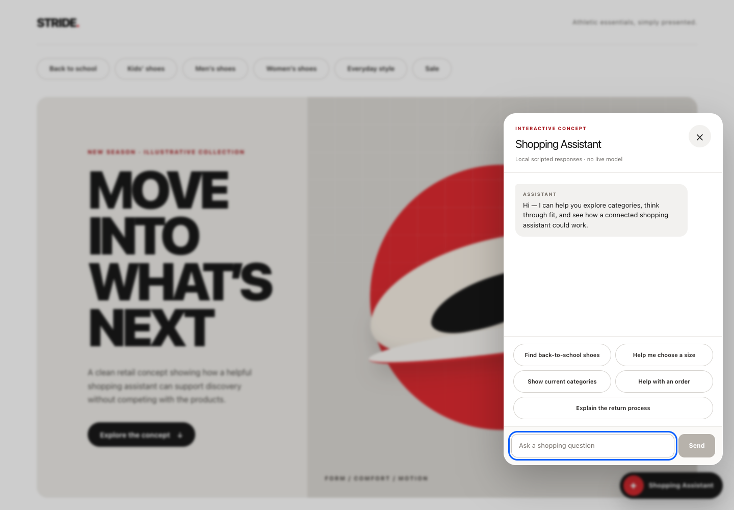 Stride shopping-assistant prototype open within a retail interface
